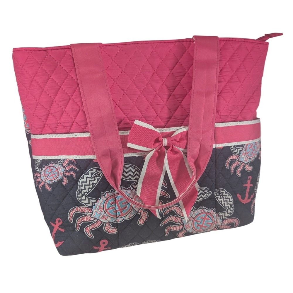 N GIL Quilted Tote Bag Pink Navy Blue Nautical Crab Anchor Bow Shoulder Bag